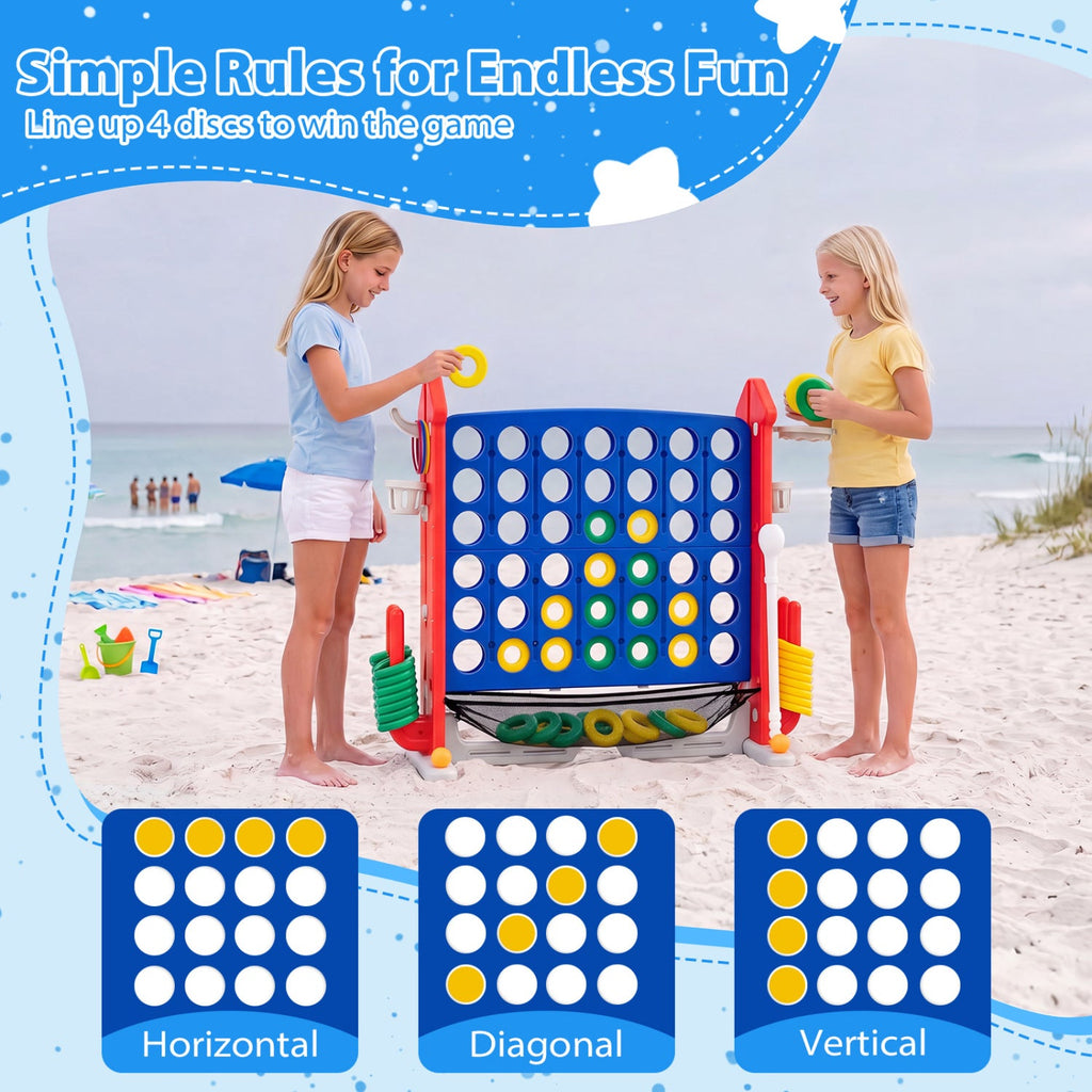 4-in-1 Height Adjustable Row Connect Game with Mesh Net and Carrying Bag-Red