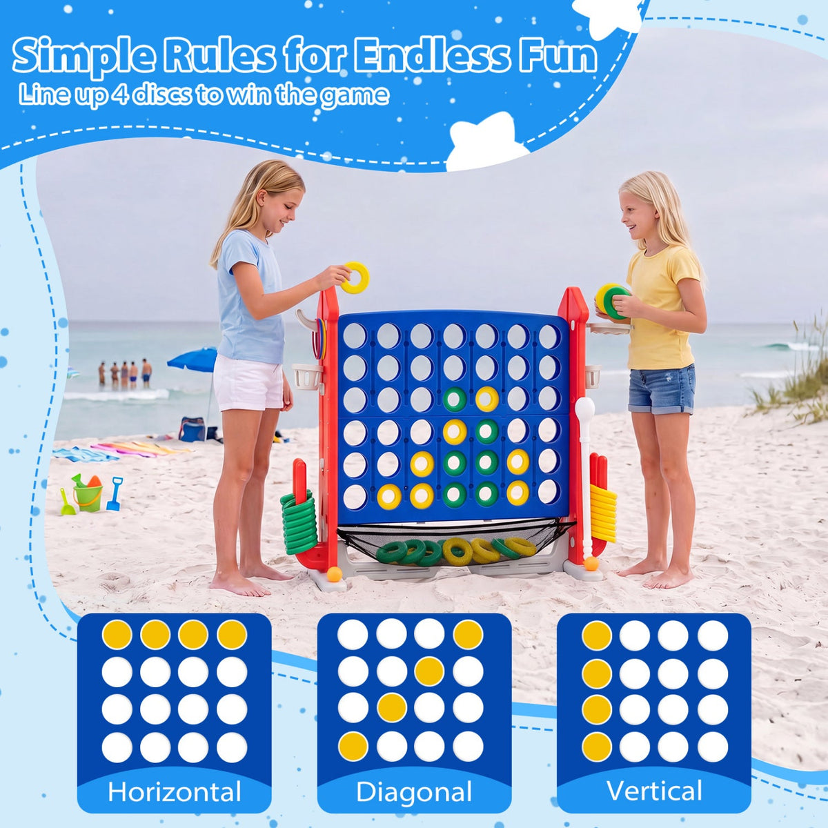 4-in-1 Height Adjustable Row Connect Game with Mesh Net and Carrying Bag-Red