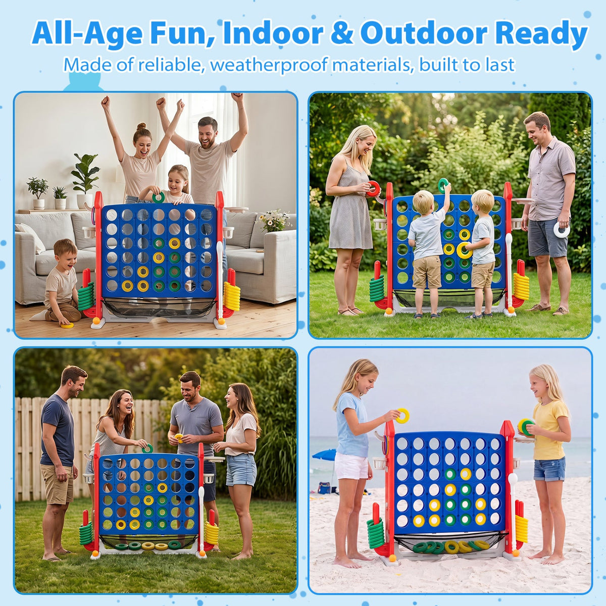4-in-1 Height Adjustable Row Connect Game with Mesh Net and Carrying Bag-Red