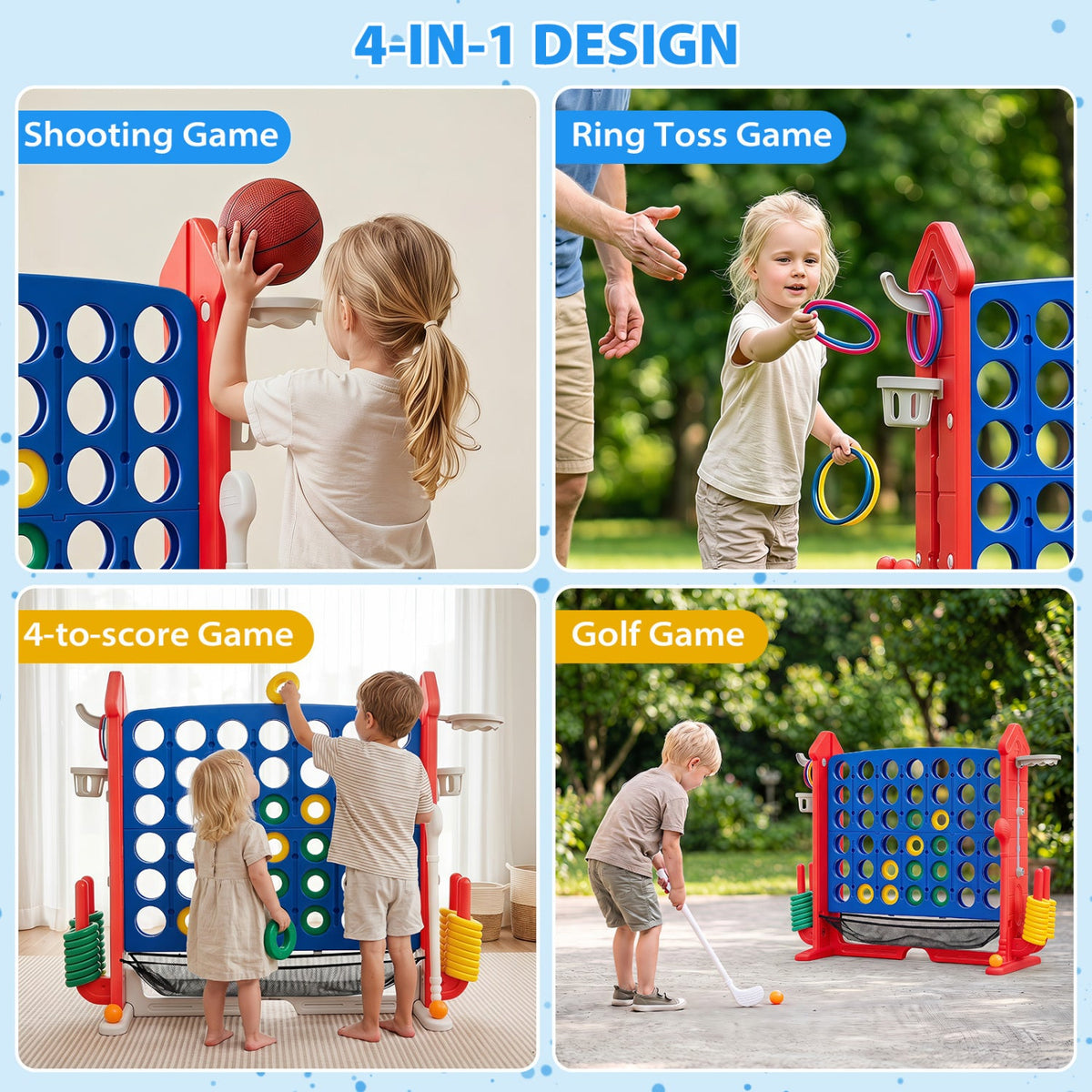 4-in-1 Height Adjustable Row Connect Game with Mesh Net and Carrying Bag-Red
