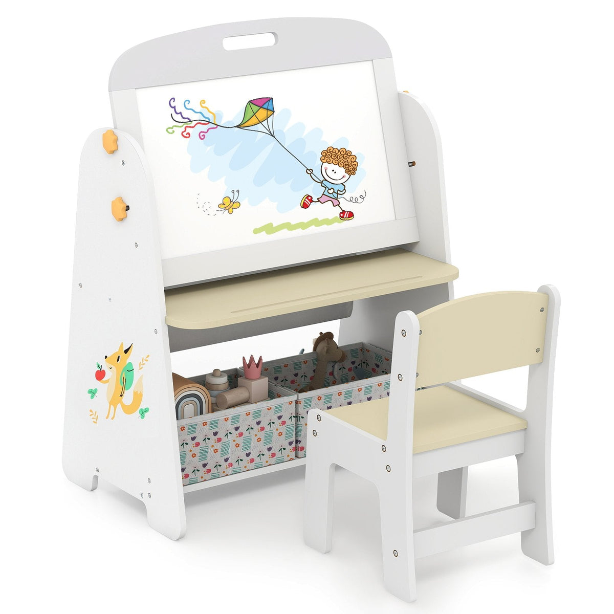 4-in-1 Kids Table and Chair Set Art Easel with Magnetic Whiteboard and Bookshelf-Natural