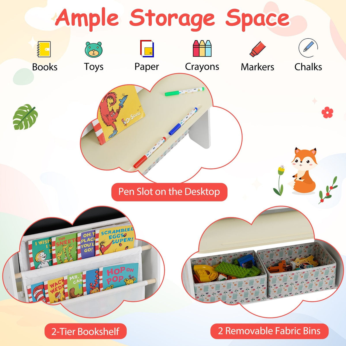 4-in-1 Kids Table and Chair Set Art Easel with Magnetic Whiteboard and Bookshelf-Natural