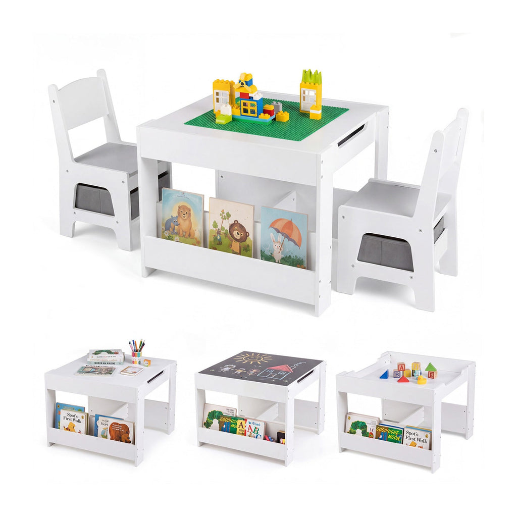 4 in 1 Kids Table and Chairs with Building Blocks and Bookshelves-Grey