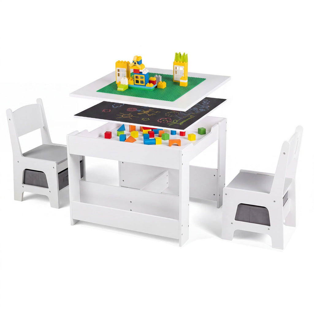 4 in 1 Kids Table and Chairs with Building Blocks and Bookshelves-Grey