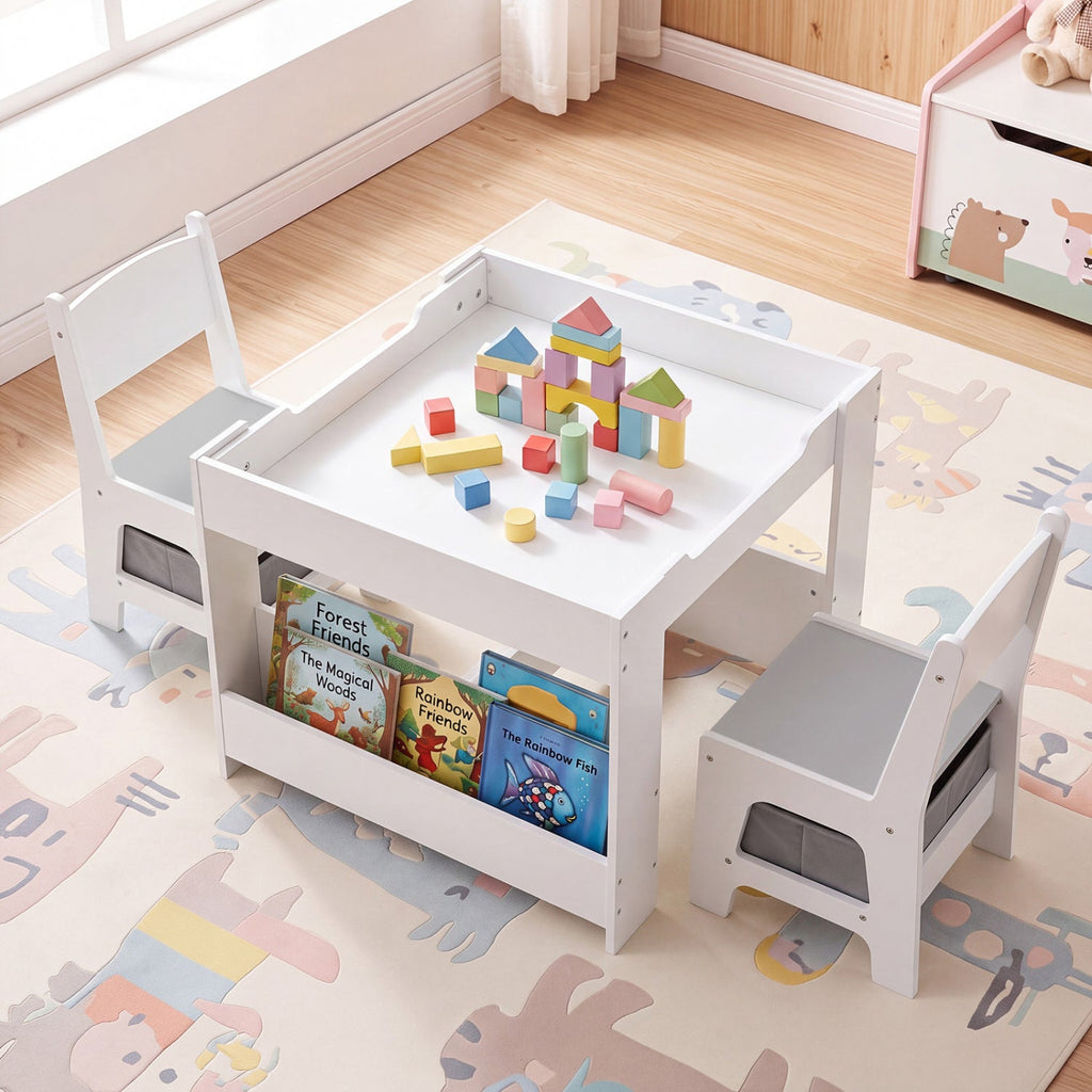 4 in 1 Kids Table and Chairs with Building Blocks and Bookshelves-Grey