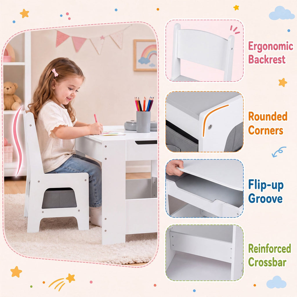 4 in 1 Kids Table and Chairs with Building Blocks and Bookshelves-Grey