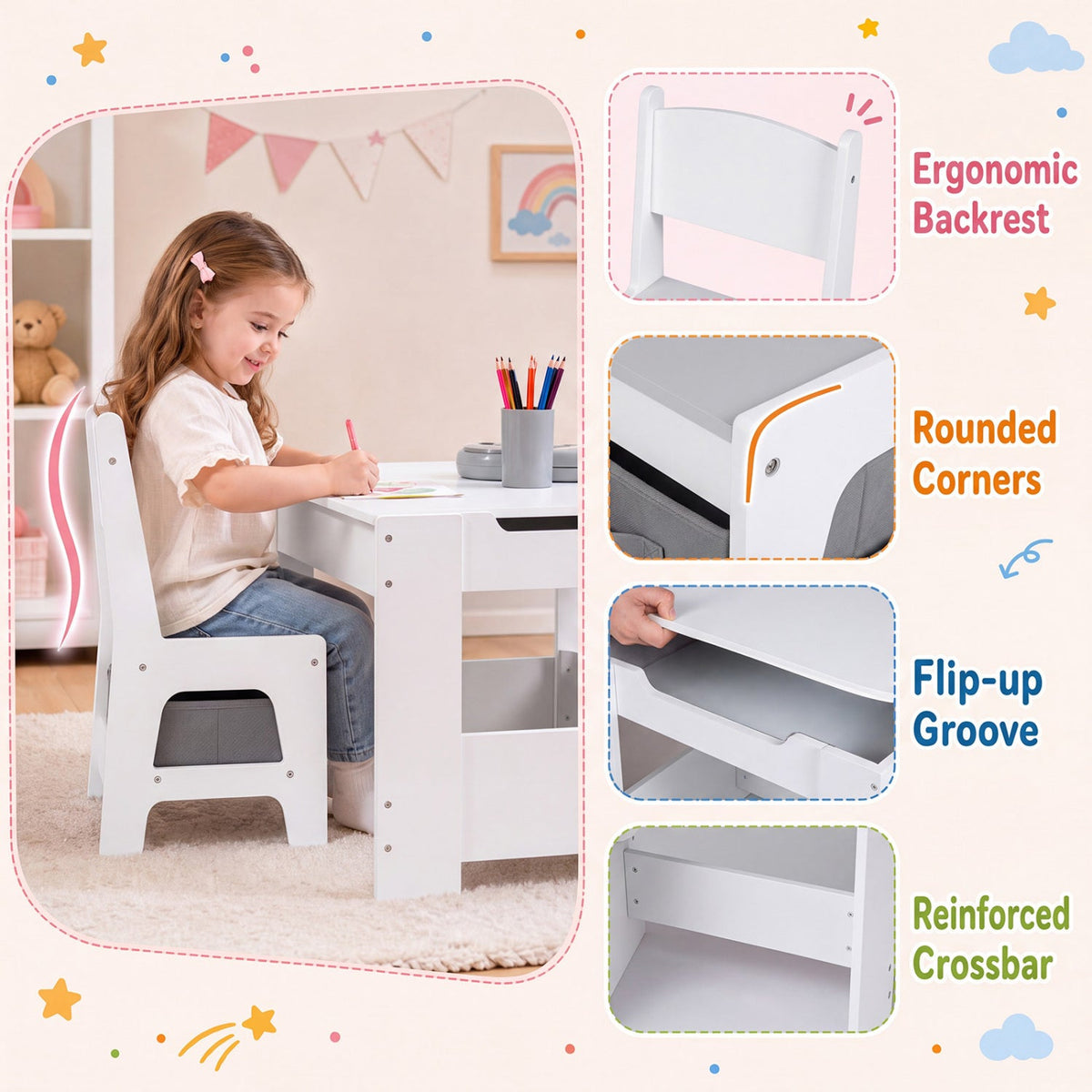 4 in 1 Kids Table and Chairs with Building Blocks and Bookshelves-Grey
