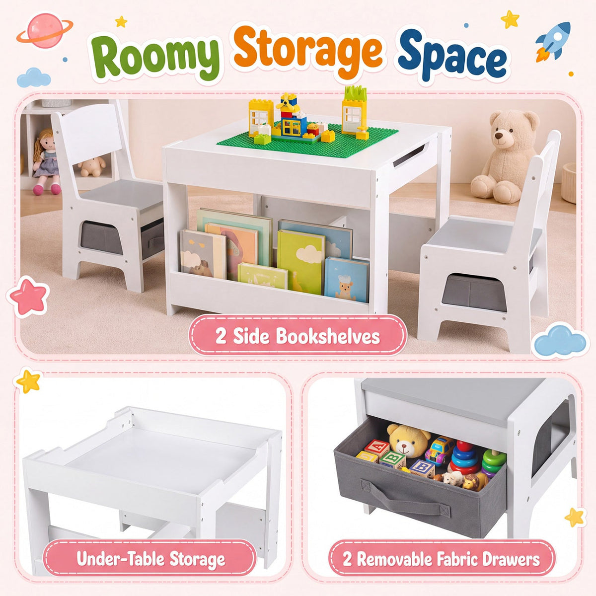 4 in 1 Kids Table and Chairs with Building Blocks and Bookshelves-Grey