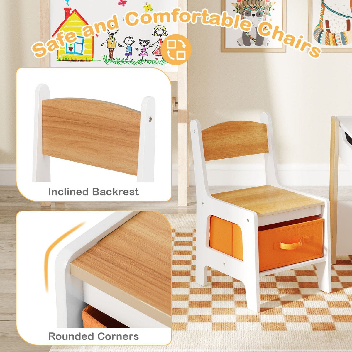 4 in 1 Kids Toddler Activity Table and Chairs Set with Reversible Tabletop-Natural