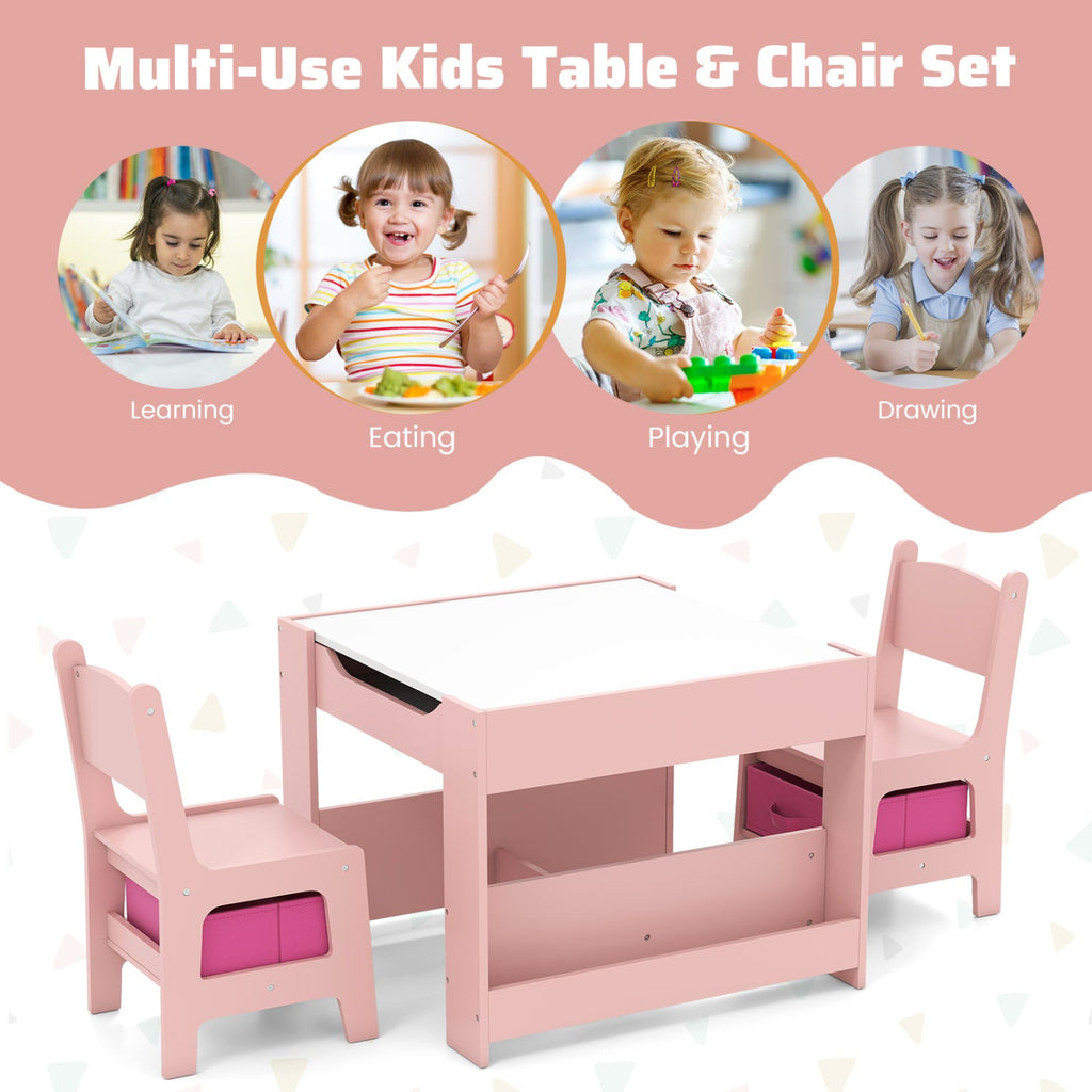 4 in 1 Kids Toddler Activity Table and Chairs Set with Reversible Tabletop-Pink