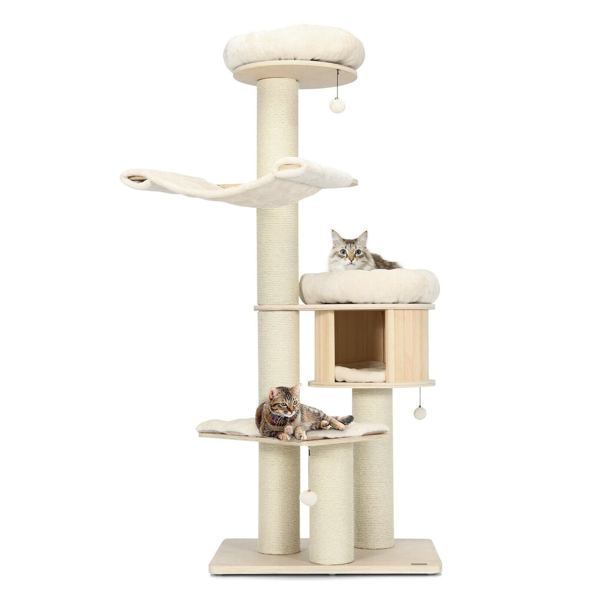 68.5 Inch Pine and Birch Cat Tree with Wooden Condo, 24 Inch Hammock and Sisal Posts, Natural