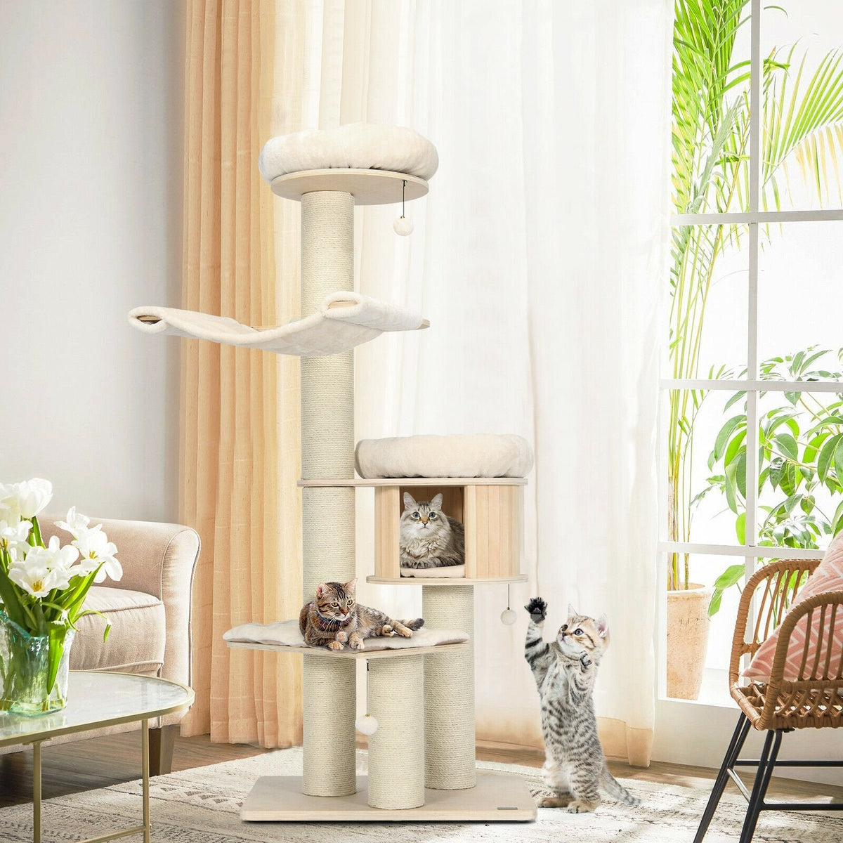 68.5 Inch Pine and Birch Cat Tree with Wooden Condo, 24 Inch Hammock and Sisal Posts, Natural