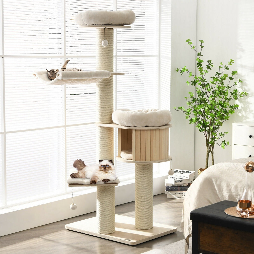 68.5 Inch Pine and Birch Cat Tree with Wooden Condo, 24 Inch Hammock and Sisal Posts, Natural