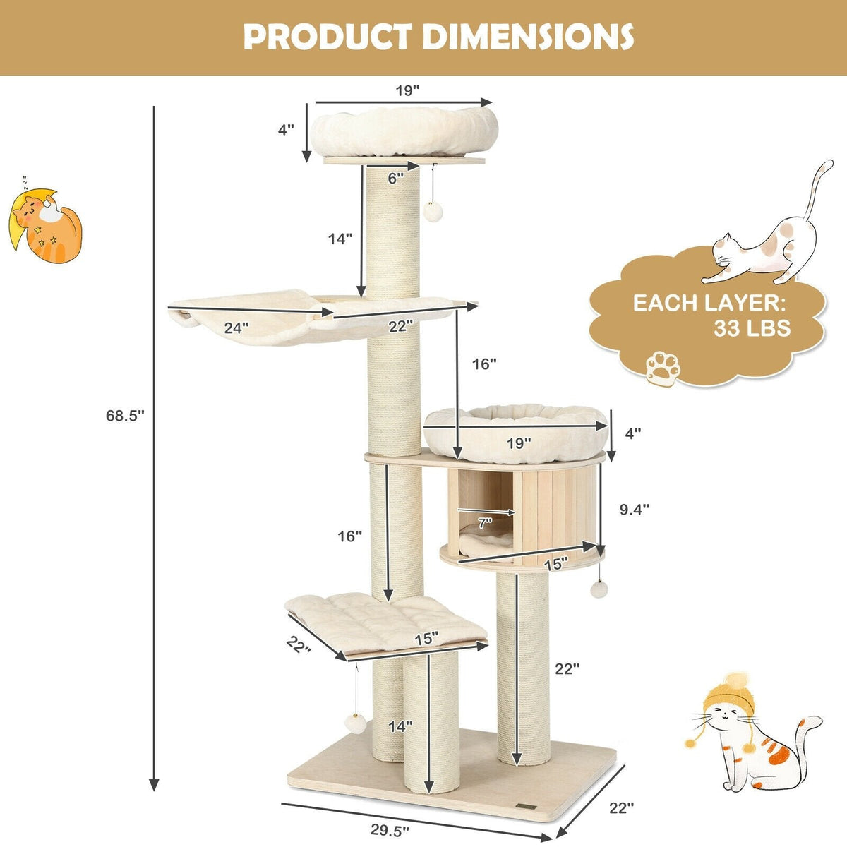 68.5 Inch Pine and Birch Cat Tree with Wooden Condo, 24 Inch Hammock and Sisal Posts, Natural