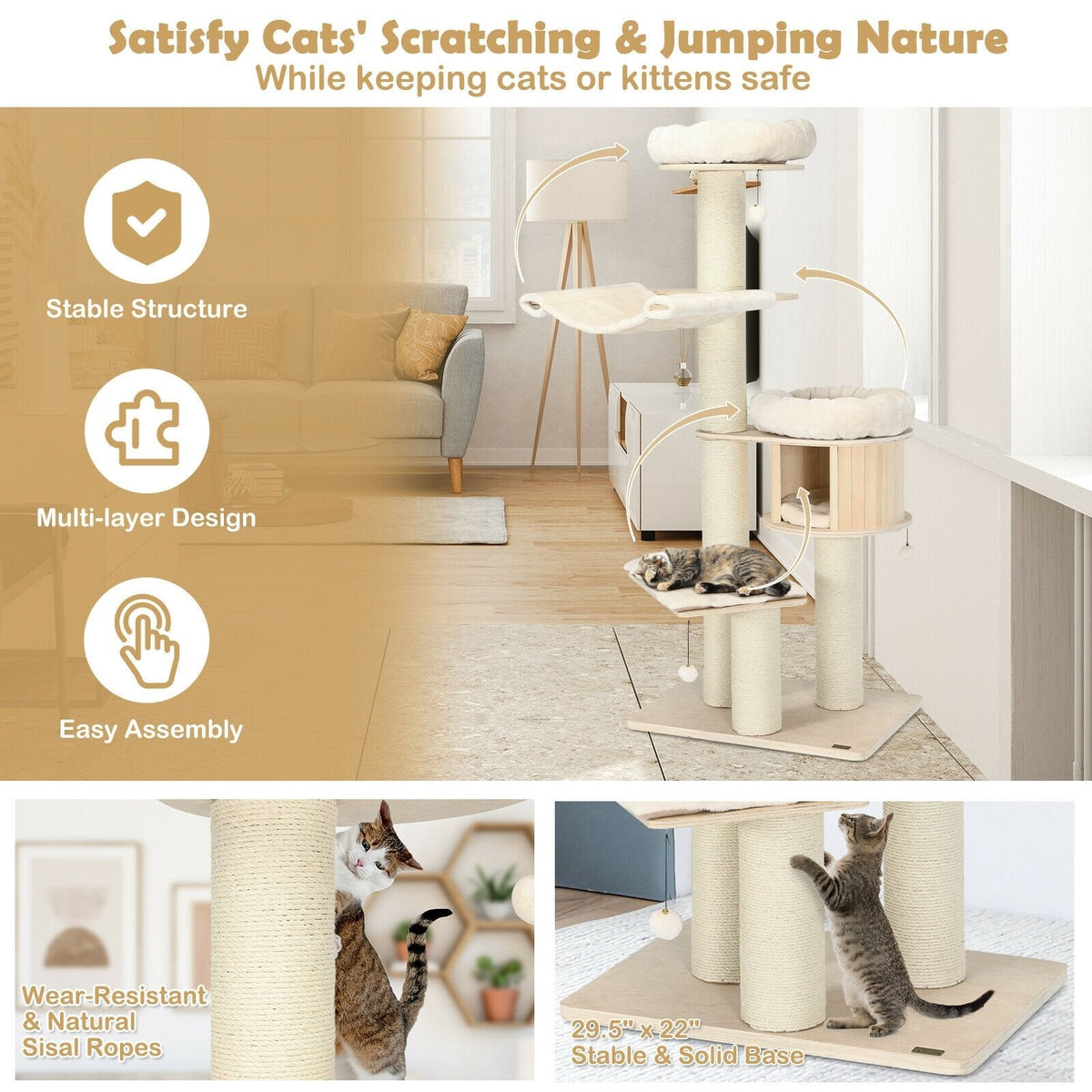 68.5 Inch Pine and Birch Cat Tree with Wooden Condo, 24 Inch Hammock and Sisal Posts, Natural