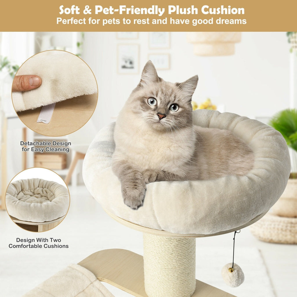 68.5 Inch Pine and Birch Cat Tree with Wooden Condo, 24 Inch Hammock and Sisal Posts, Natural