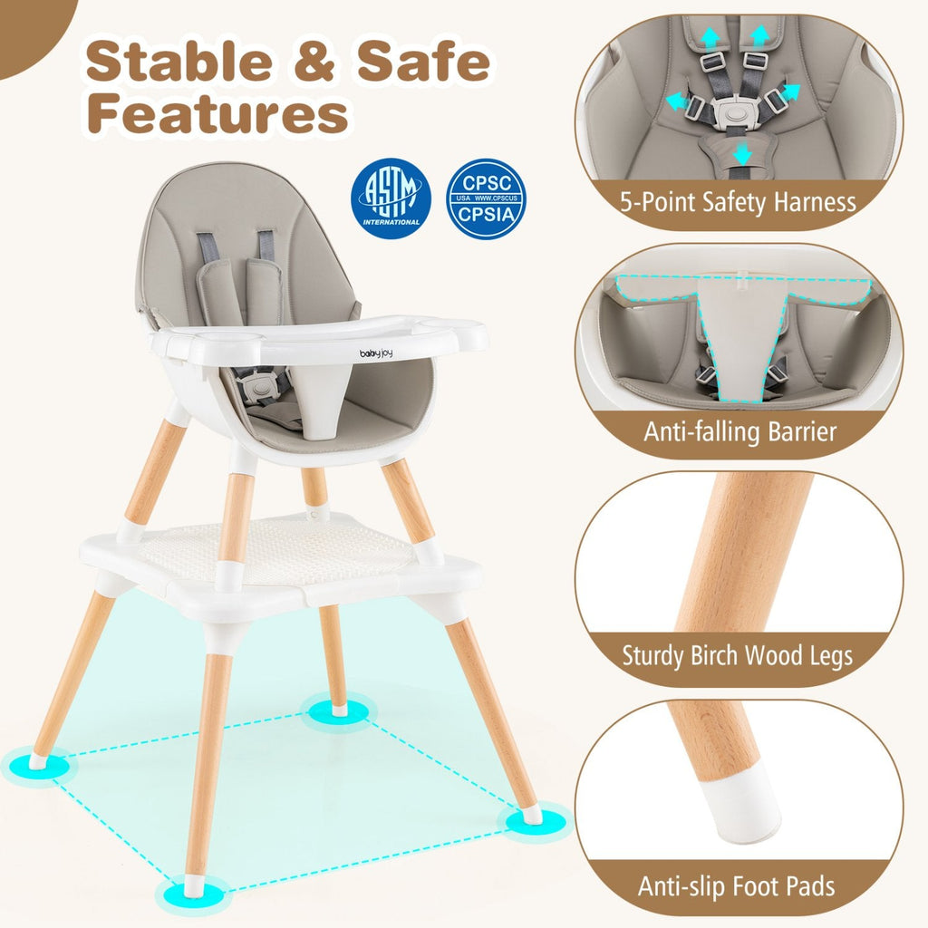 5-in-1 Baby Wooden Convertible High Chair -Gray