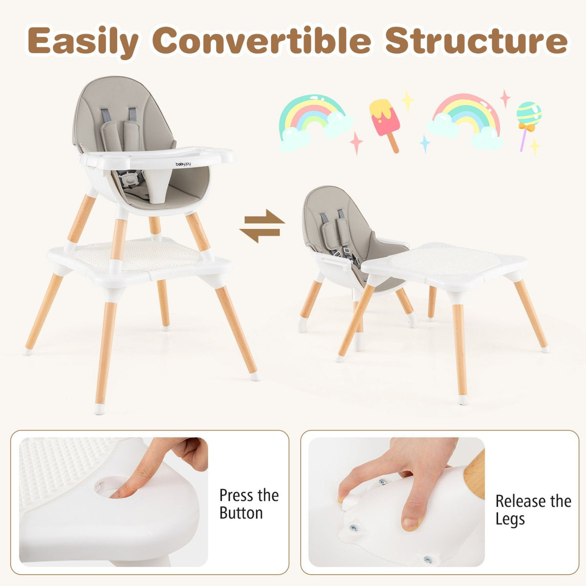 5-in-1 Baby Wooden Convertible High Chair -Gray