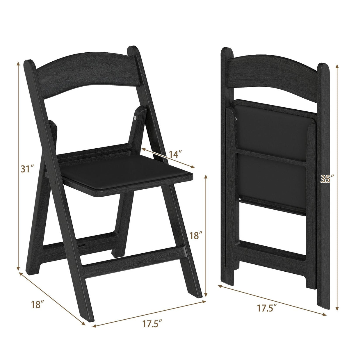 4 Pack Black Resin Folding Chairs with Padded Seats, No Assembly, Fold Flat and Stack for Storage
