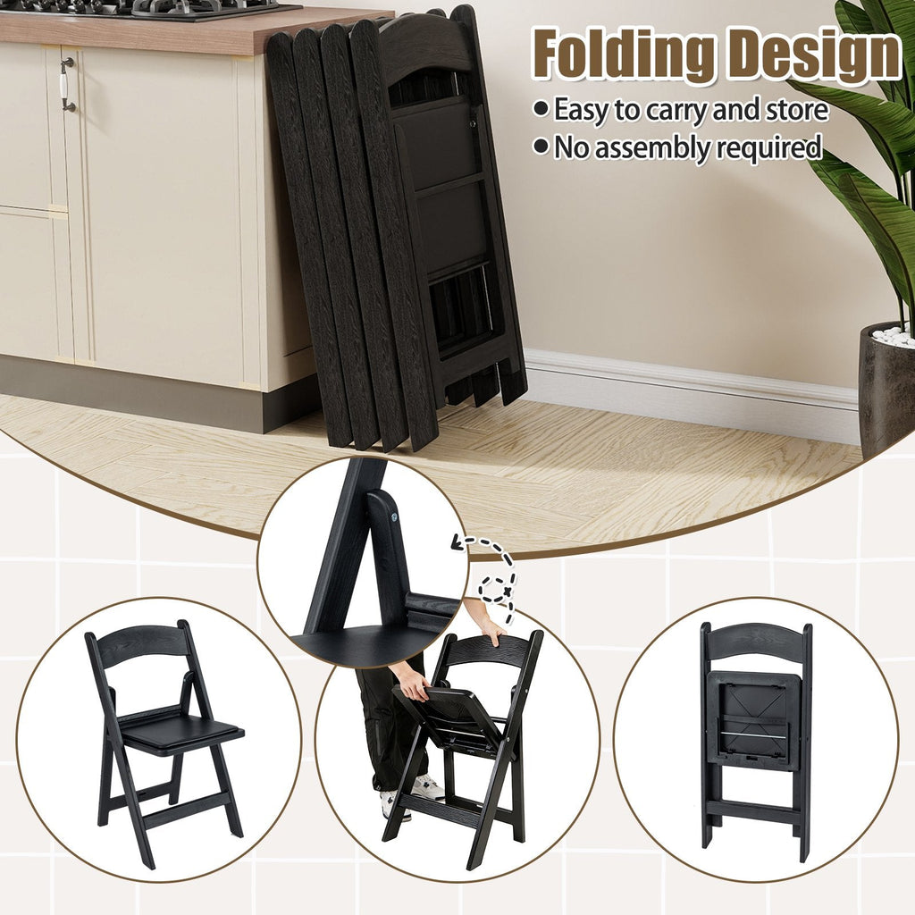 4 Pack Black Resin Folding Chairs with Padded Seats, No Assembly, Fold Flat and Stack for Storage