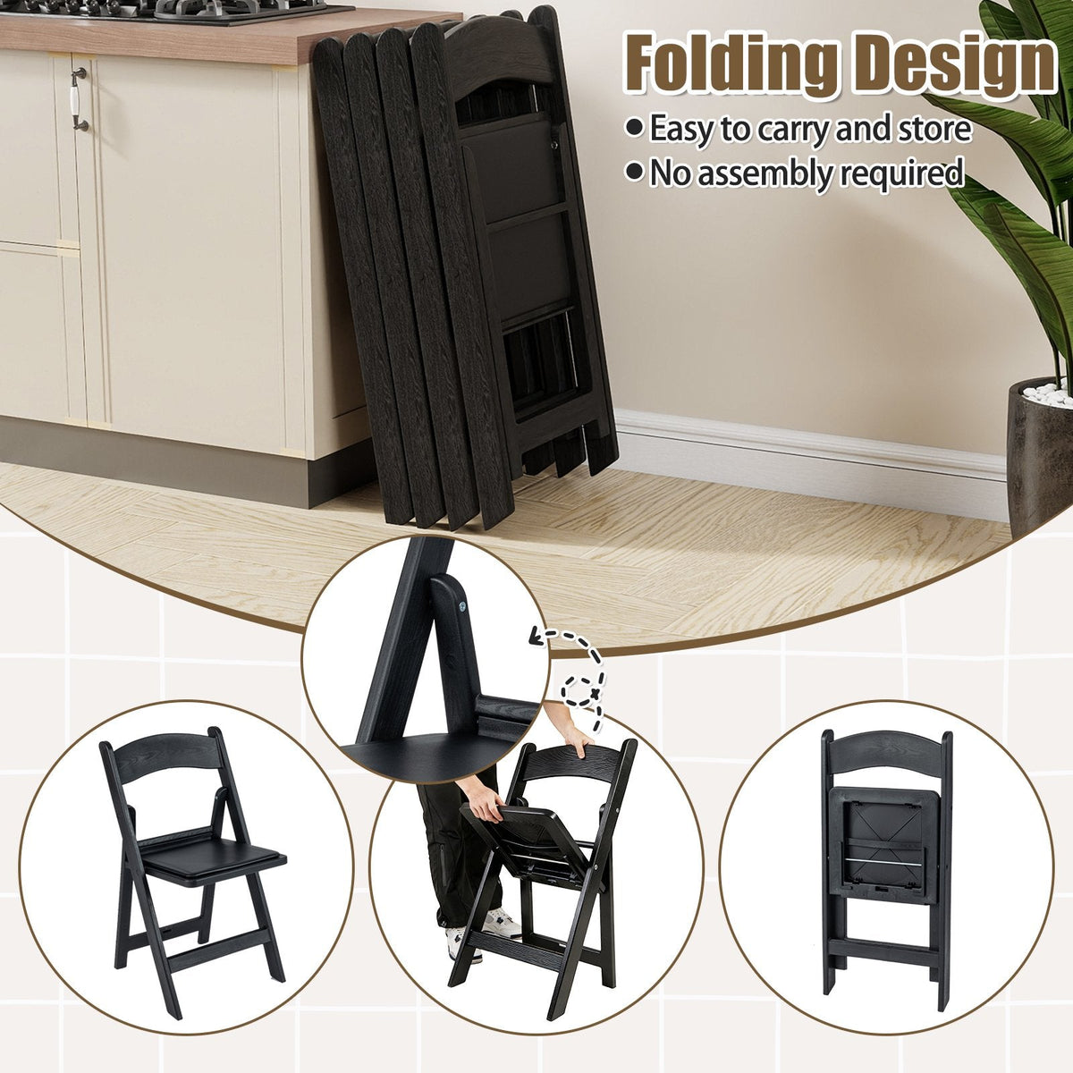 4 Pack Black Resin Folding Chairs with Padded Seats, No Assembly, Fold Flat and Stack for Storage