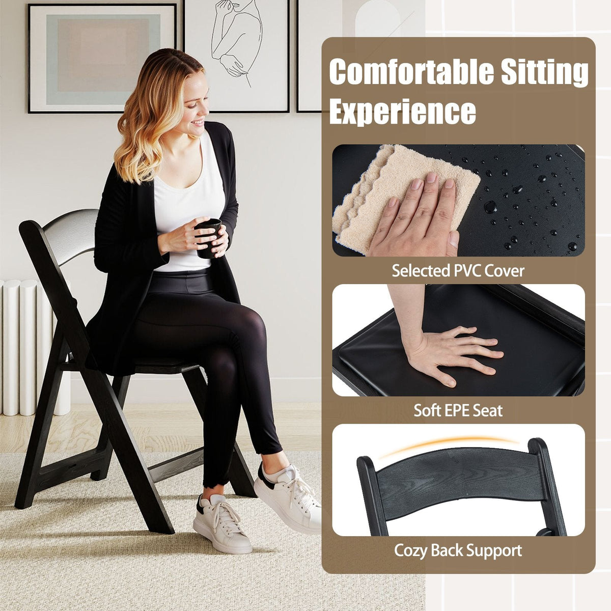 4 Pack Black Resin Folding Chairs with Padded Seats, No Assembly, Fold Flat and Stack for Storage