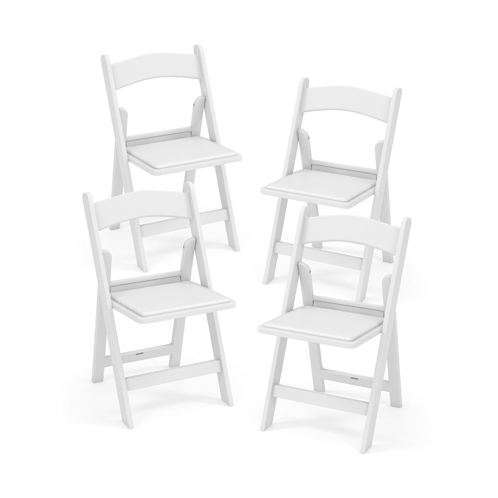 4 Pack White Resin Folding Chairs with Padded Seats for Weddings, Garden Parties and Extra Dining Seats