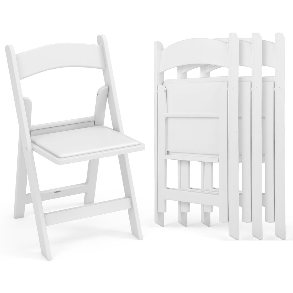 4 Pack White Resin Folding Chairs with Padded Seats for Weddings, Garden Parties and Extra Dining Seats
