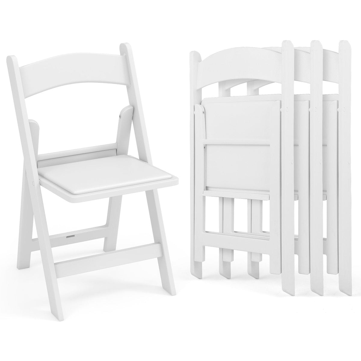 4 Pack White Resin Folding Chairs with Padded Seats for Weddings, Garden Parties and Extra Dining Seats