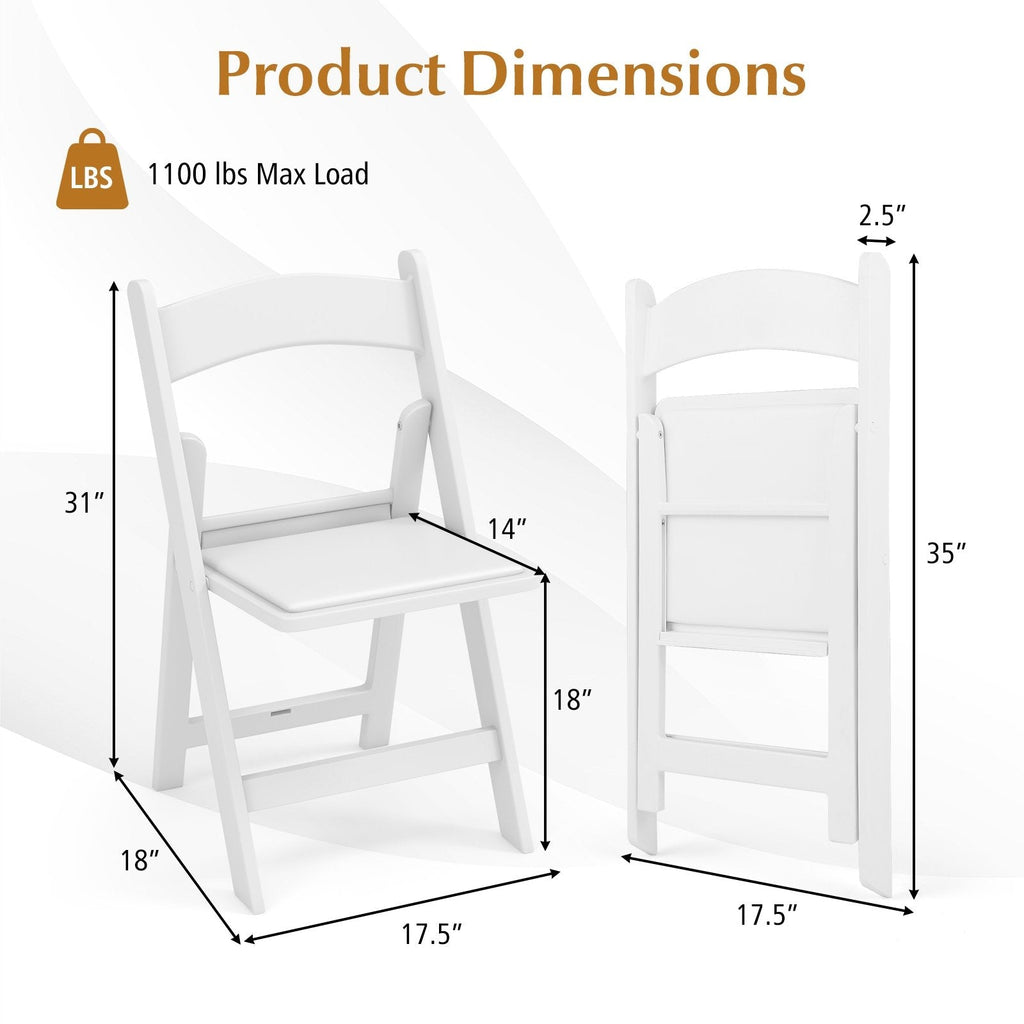 4 Pack White Resin Folding Chairs with Padded Seats for Weddings, Garden Parties and Extra Dining Seats