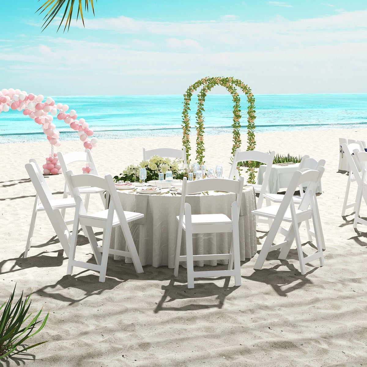 4 Pack White Resin Folding Chairs with Padded Seats for Weddings, Garden Parties and Extra Dining Seats