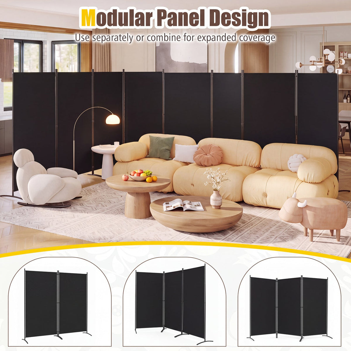 4 Panel Room Divider 6 FT Tall Folding Privacy Screen with Curved Metal Feet-Black