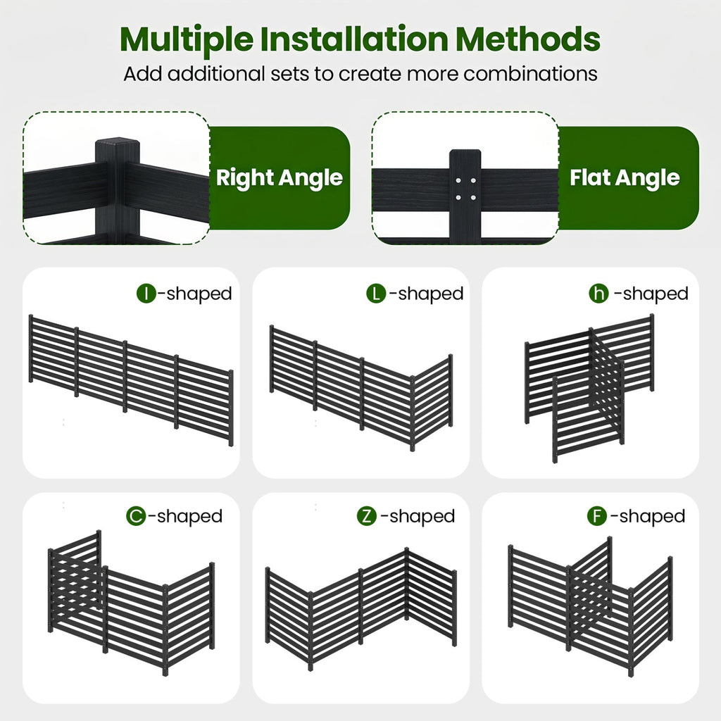 4-Panel Wooden Outdoor Privacy Fence with Ground Stakes-Black