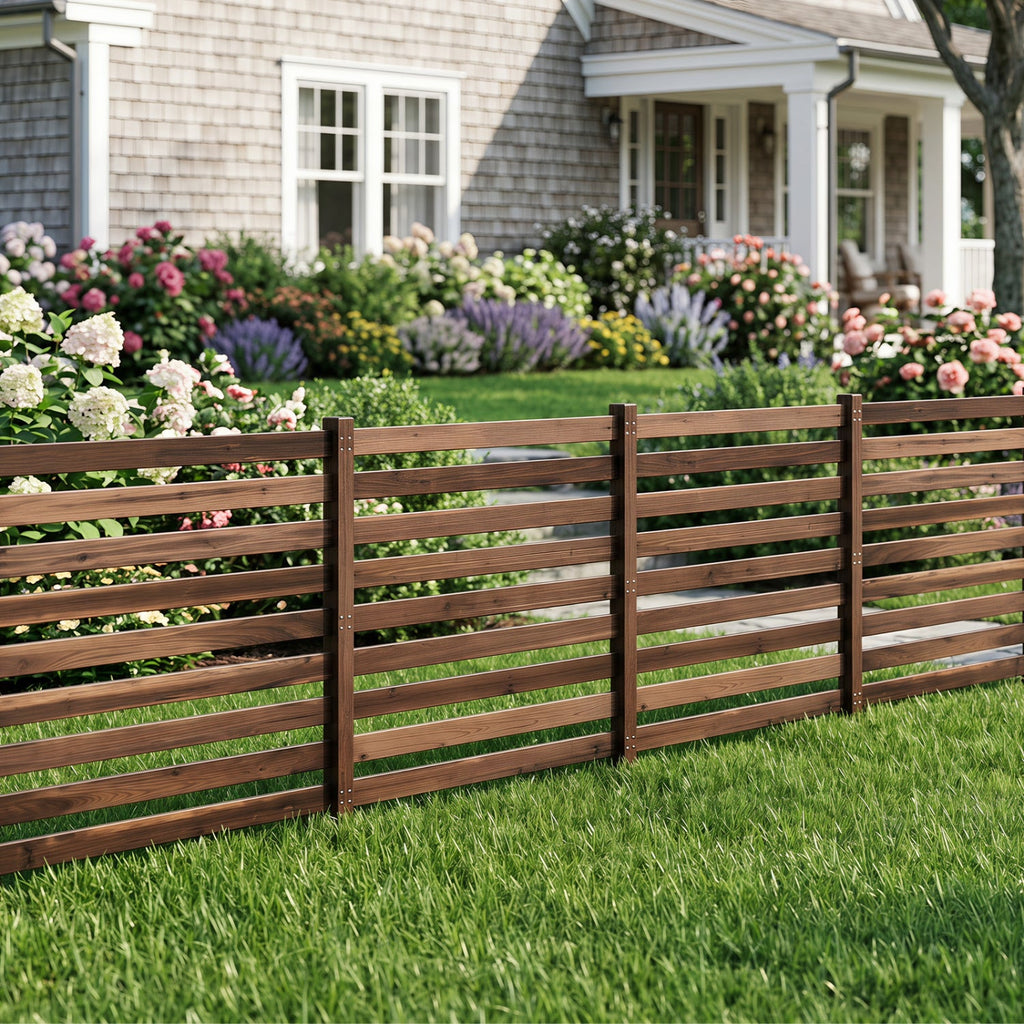 4-Panel Wooden Outdoor Privacy Fence with Ground Stakes-Brown