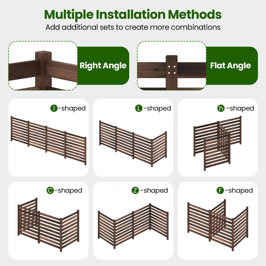 4-Panel Wooden Outdoor Privacy Fence with Ground Stakes-Brown