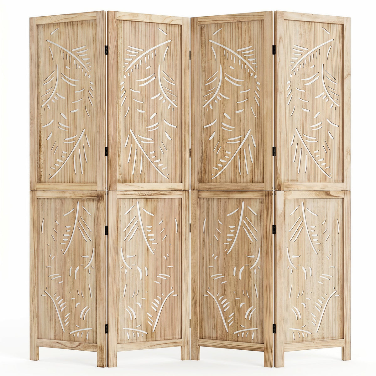 4-Panel Wooden Room Divider with Palm Leaf Design & Paulownia Frame for Home