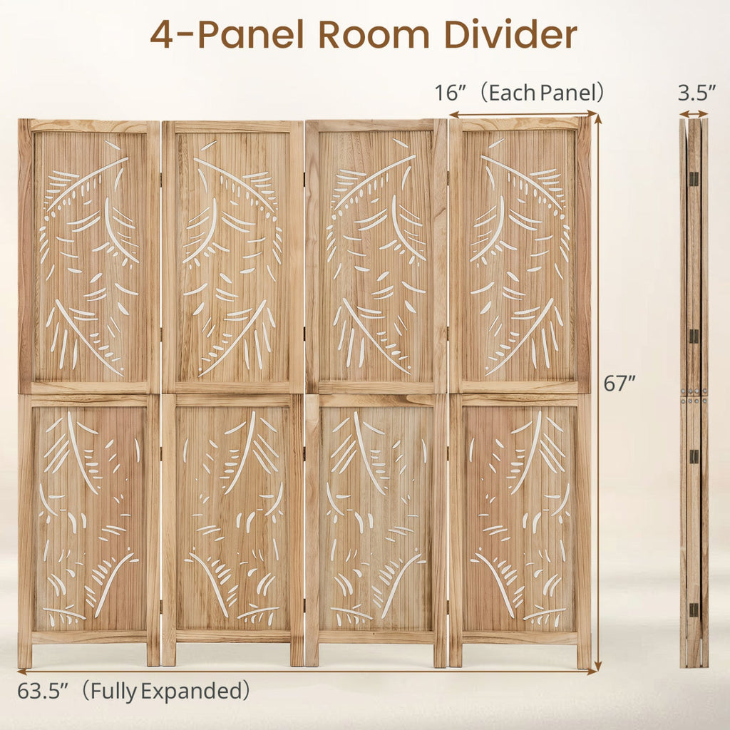 4-Panel Wooden Room Divider with Palm Leaf Design & Paulownia Frame for Home