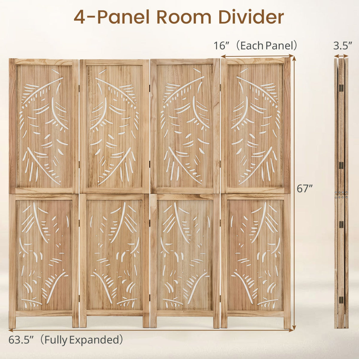 4-Panel Wooden Room Divider with Palm Leaf Design & Paulownia Frame for Home