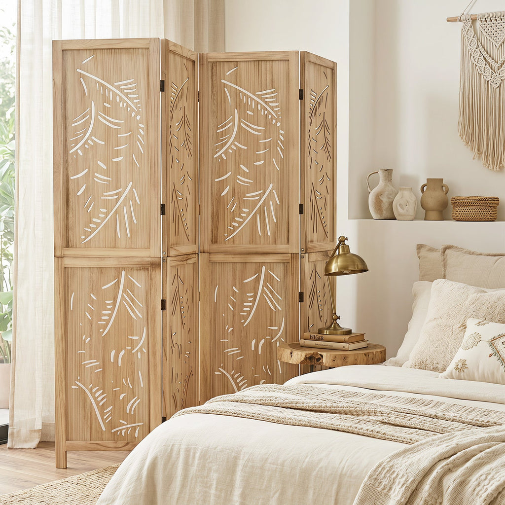 4-Panel Wooden Room Divider with Palm Leaf Design & Paulownia Frame for Home