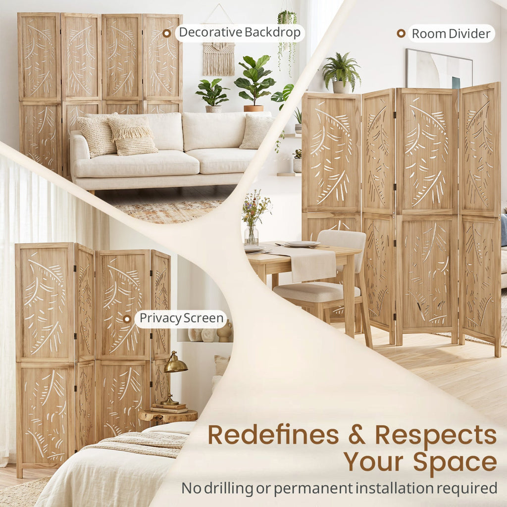 4-Panel Wooden Room Divider with Palm Leaf Design & Paulownia Frame for Home