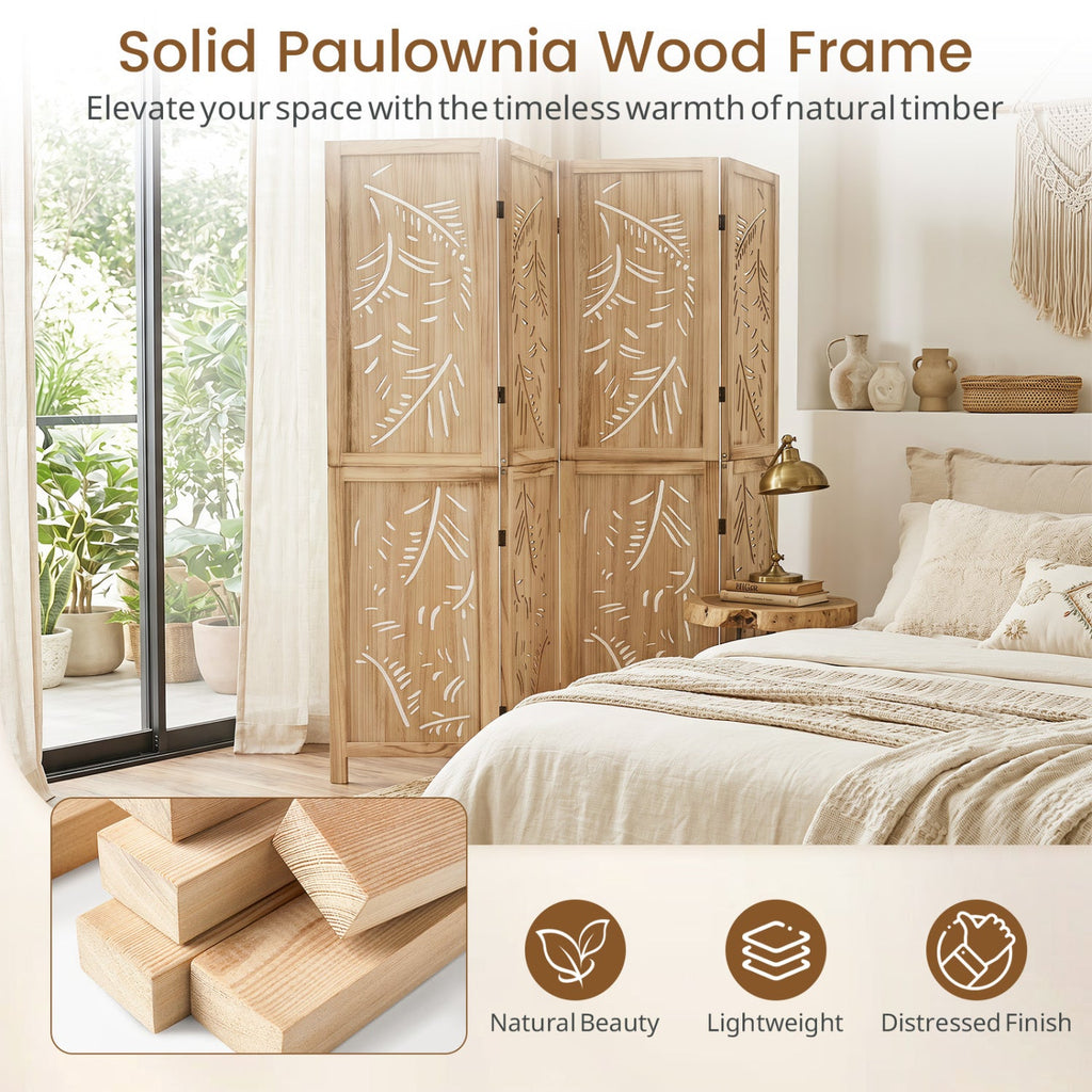 4-Panel Wooden Room Divider with Palm Leaf Design & Paulownia Frame for Home
