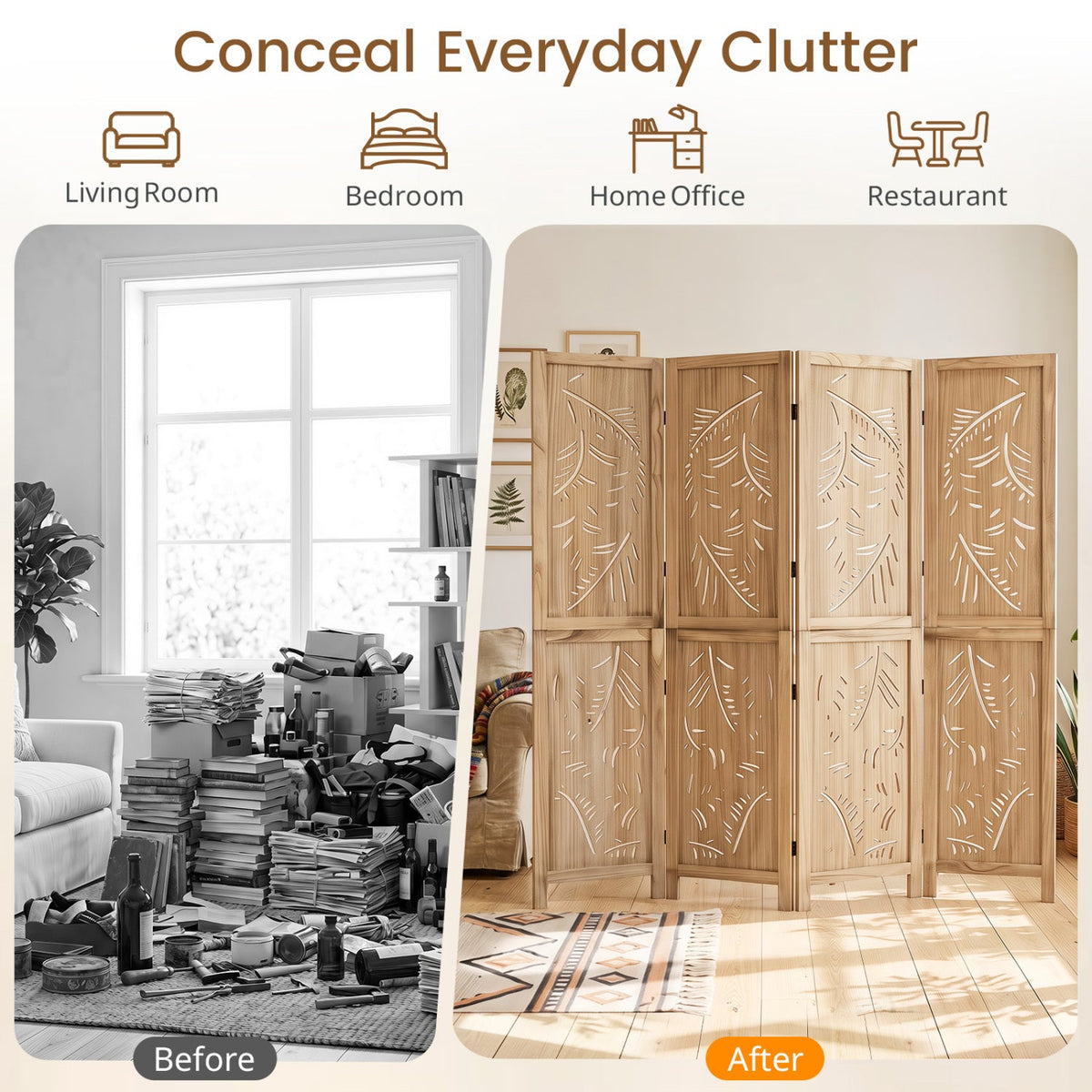 4-Panel Wooden Room Divider with Palm Leaf Design & Paulownia Frame for Home