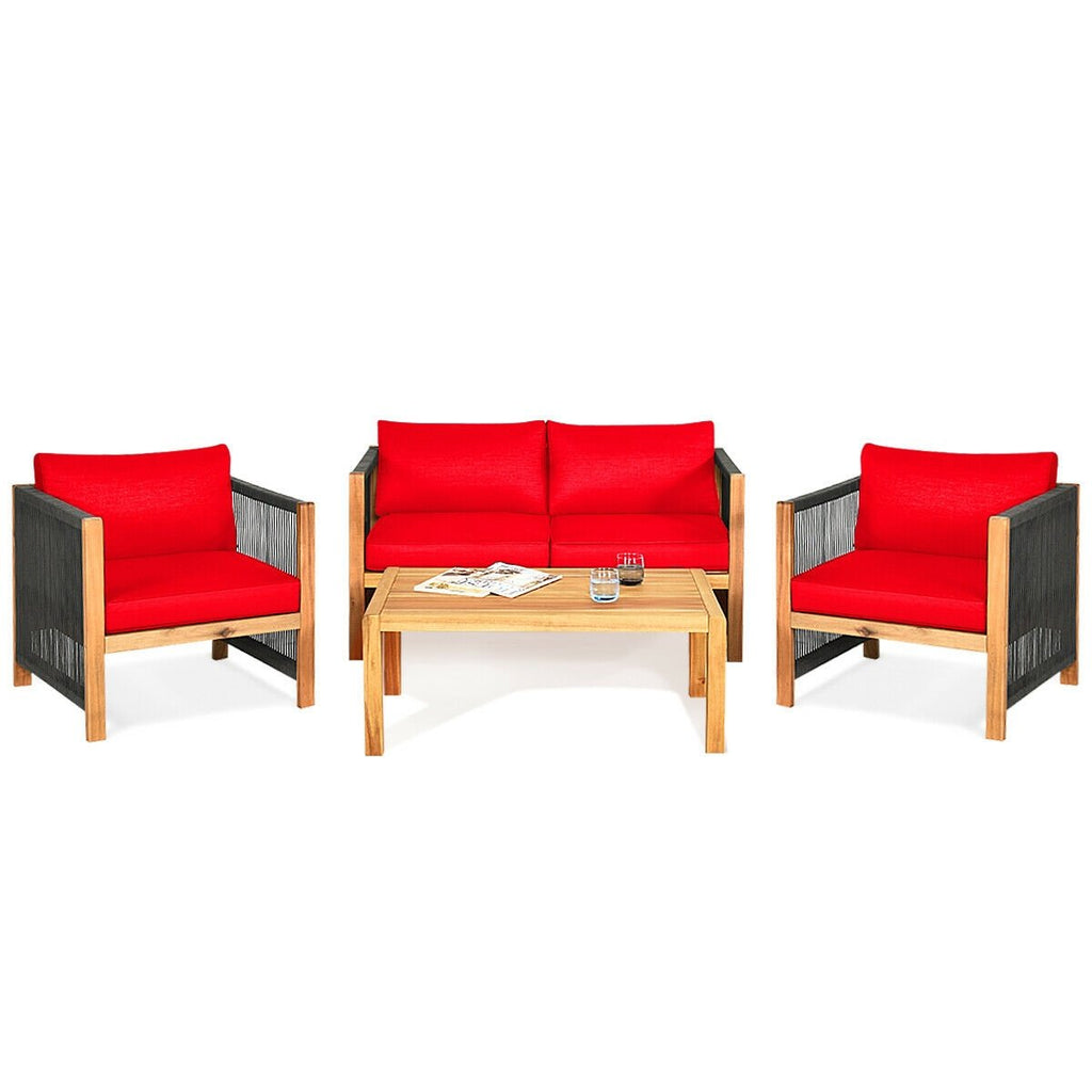 4 Piece Acacia Wood Patio Conversation Set, Rope Sided Loveseat, 2 Armchairs and a 40 in Slatted Coffee Table, Red Cushions
