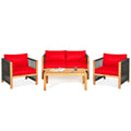 4 Piece Acacia Wood Patio Conversation Set, Rope Sided Loveseat, 2 Armchairs and a 40 in Slatted Coffee Table, Red Cushions