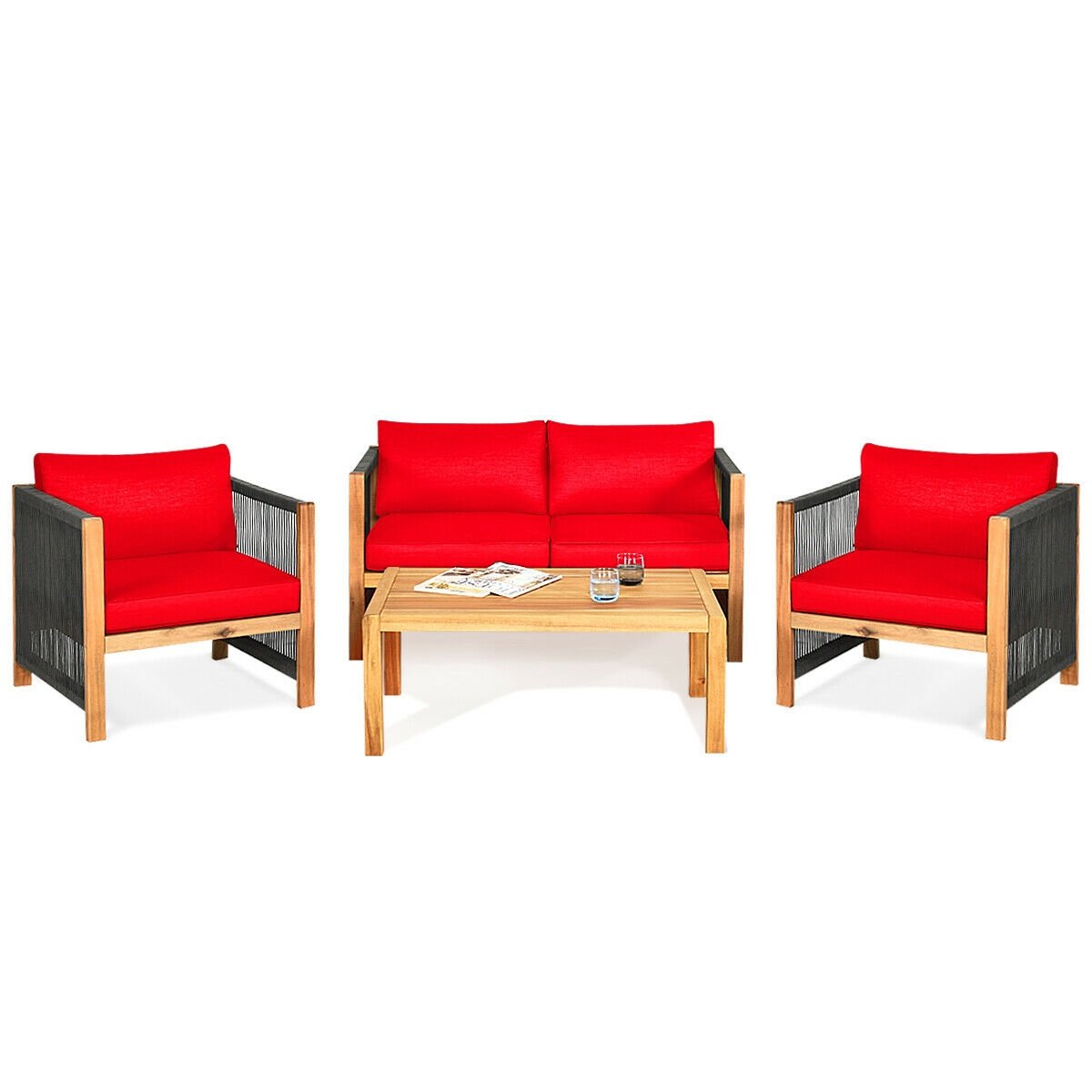 4 Piece Acacia Wood Patio Conversation Set, Rope Sided Loveseat, 2 Armchairs and a 40 in Slatted Coffee Table, Red Cushions