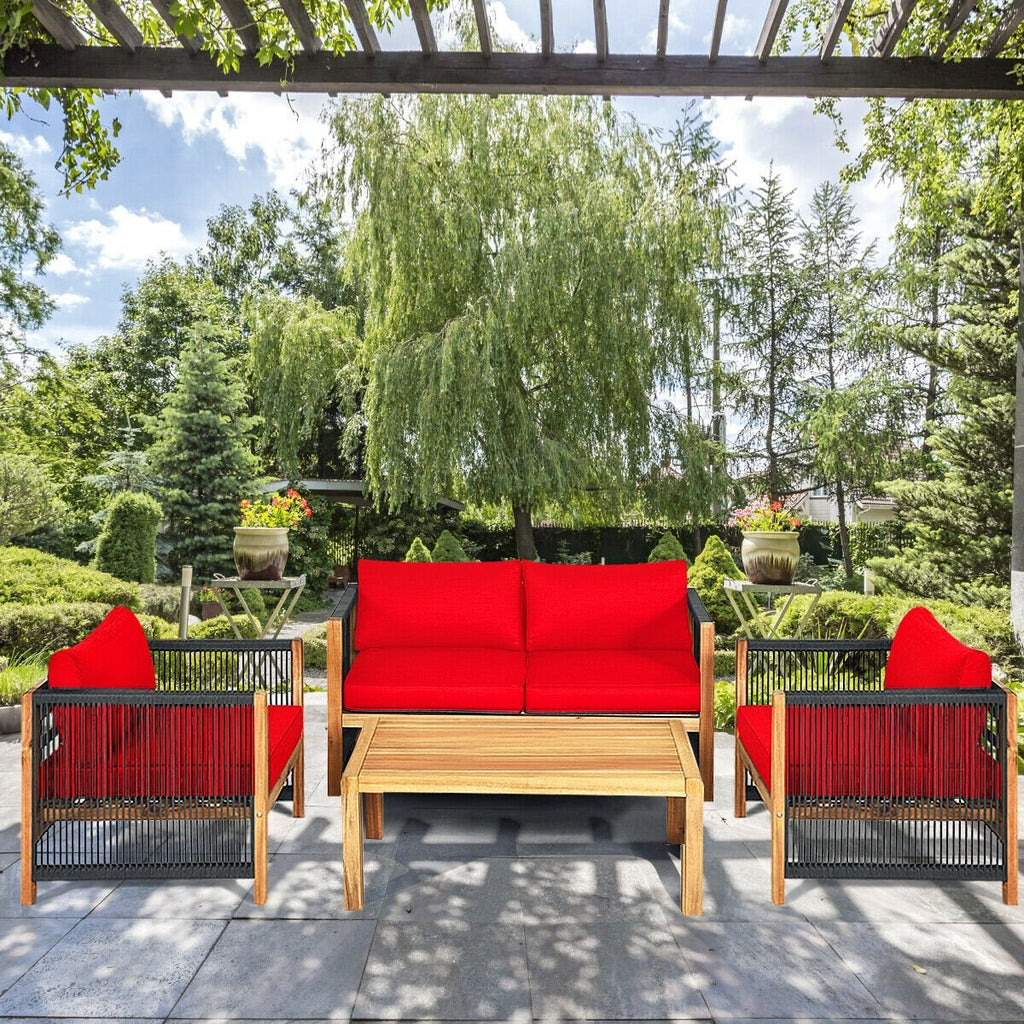 4 Piece Acacia Wood Patio Conversation Set, Rope Sided Loveseat, 2 Armchairs and a 40 in Slatted Coffee Table, Red Cushions