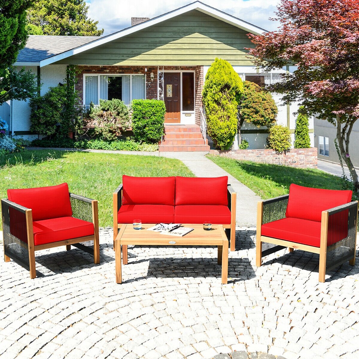 4 Piece Acacia Wood Patio Conversation Set, Rope Sided Loveseat, 2 Armchairs and a 40 in Slatted Coffee Table, Red Cushions