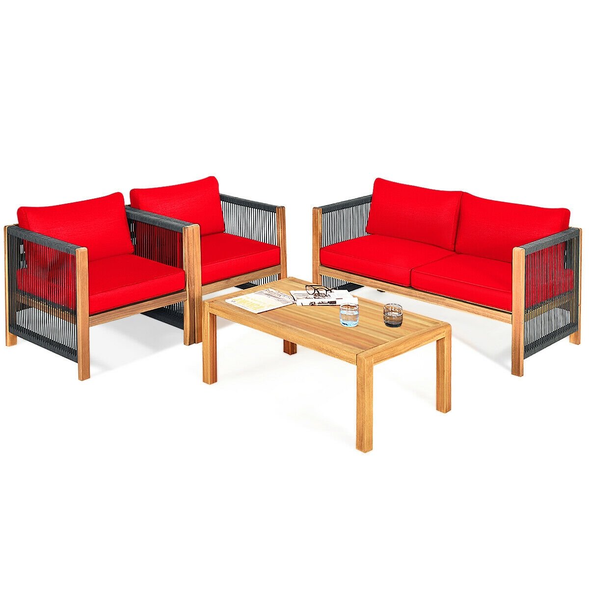 4 Piece Acacia Wood Patio Conversation Set, Rope Sided Loveseat, 2 Armchairs and a 40 in Slatted Coffee Table, Red Cushions