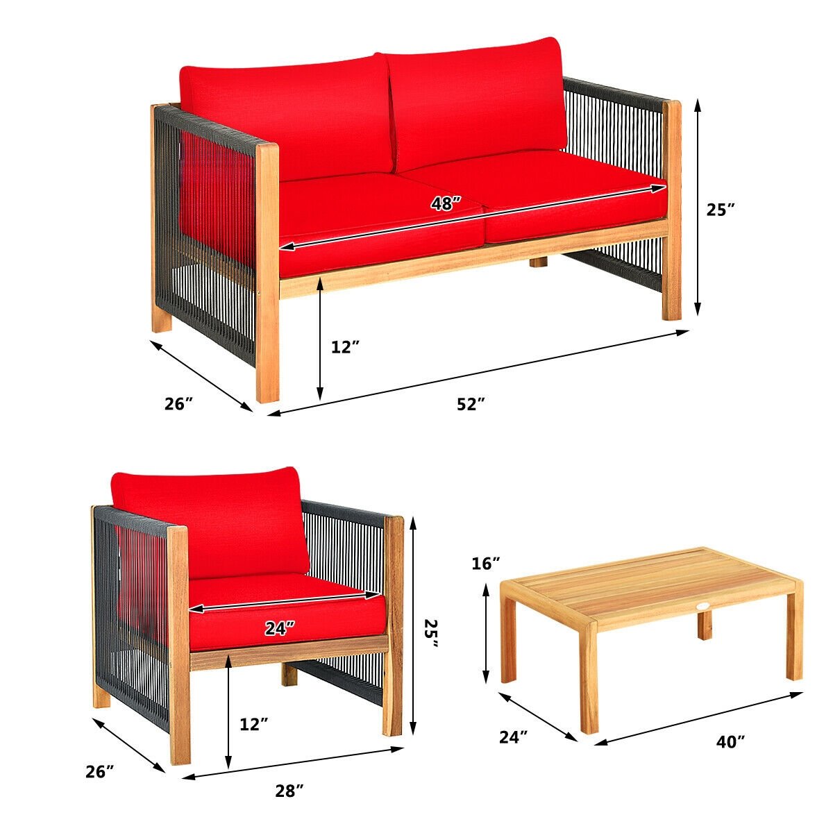4 Piece Acacia Wood Patio Conversation Set, Rope Sided Loveseat, 2 Armchairs and a 40 in Slatted Coffee Table, Red Cushions