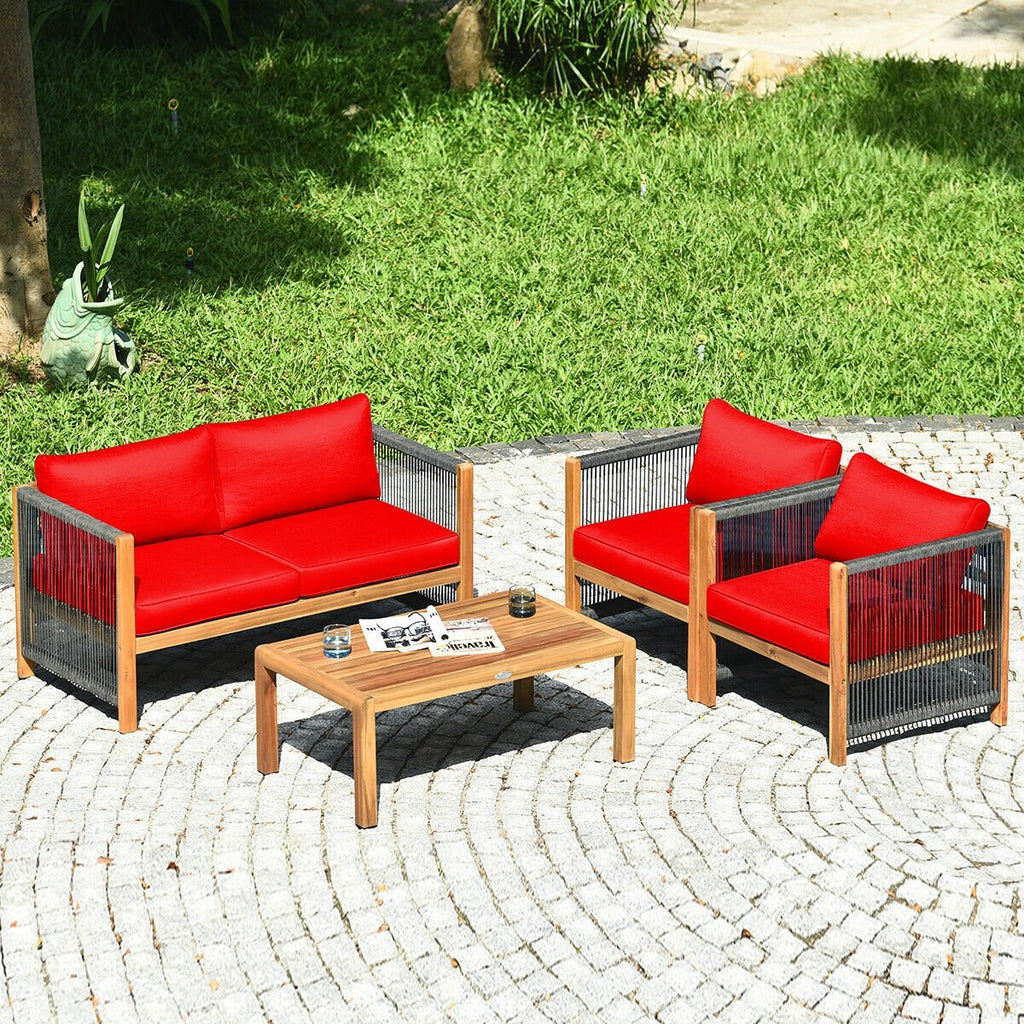 4 Piece Acacia Wood Patio Conversation Set, Rope Sided Loveseat, 2 Armchairs and a 40 in Slatted Coffee Table, Red Cushions